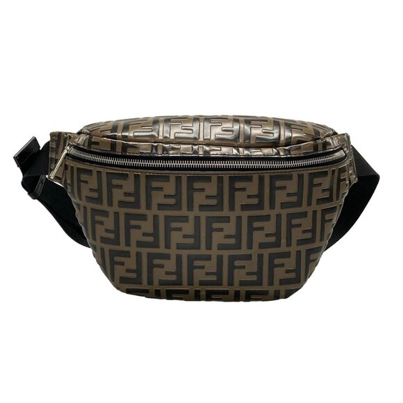 Auth FENDI Zucca 7VA434 Dark Brown Black Leather Bum Bag - Picture 1 of 16